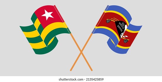Crossed and waving flags of Togo and Eswatini. Vector illustration
