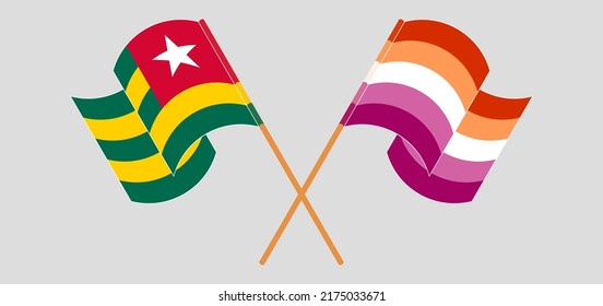 Crossed and waving flags of Togo and Lesbian Pride