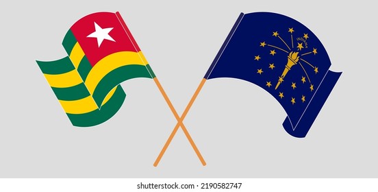 Crossed and waving flags of Togo and the State of Indiana. Vector illustration
