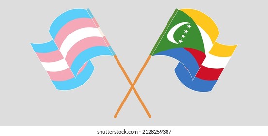 Crossed and waving flags of Transgender Pride and Comoros. Vector illustration
