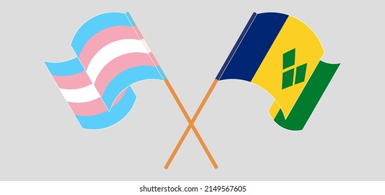 Crossed and waving flags of Transgender Pride and Saint Vincent and the Grenadines. Vector illustration