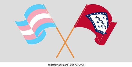 Crossed and waving flags of Transgender Pride and The State of Arkansas. Vector illustration
