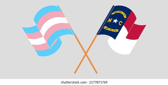 Crossed and waving flags of Transgender Pride and The State of North Carolina. Vector illustration
