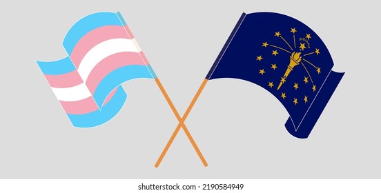 Crossed and waving flags of Transgender Pride and the State of Indiana. Vector illustration
