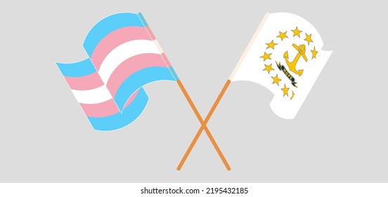 Crossed and waving flags of Transgender Pride and the State of Rhode Island. Vector illustration
