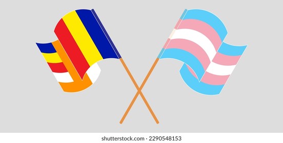 Crossed and waving flags of Transgender Pride and Buddhism. Vector illustration
