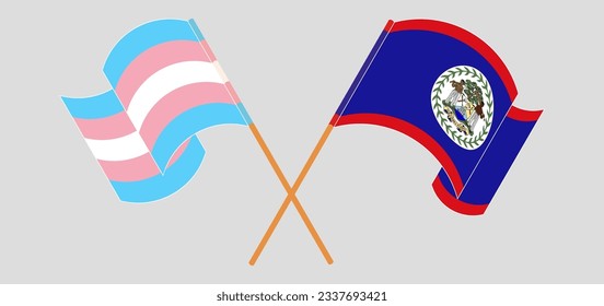 Crossed and waving flags of Transgender Pride and Belize. Vector illustration
