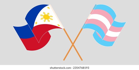 Crossed and waving flags of Transgender Pride and the Philippines. Vector illustration
