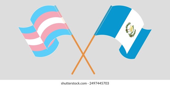 Crossed and waving flags of Transgender Pride and Republic of Guatemala. Vector illustration
