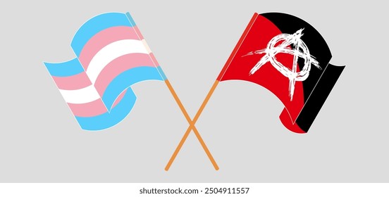 Crossed and waving flags of Transgender Pride and Anarchy. Vector illustration
