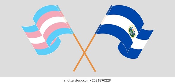 Crossed and waving flags of Transgender Pride and Republic of El Salvador. Vector illustration.
