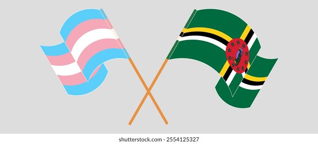 Crossed and waving flags of Transgender Pride and Dominica. Vector illustration.
