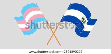 Crossed and waving flags of Transgender Pride and Republic of El Salvador. Vector illustration.
