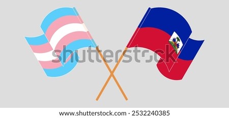 Crossed and waving flags of Transgender Pride and Republic of Haiti. Vector illustration.
