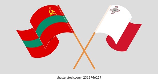 Crossed and waving flags of Transnistria and Malta. Vector illustration
