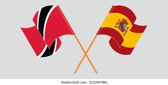 Crossed and waving flags of Trinidad and Tobago and Spain. Vector illustration
