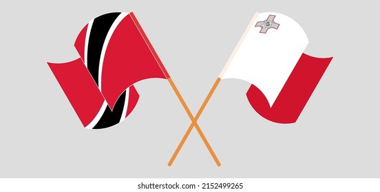 Crossed and waving flags of Trinidad and Tobago and Malta. Vector illustration
