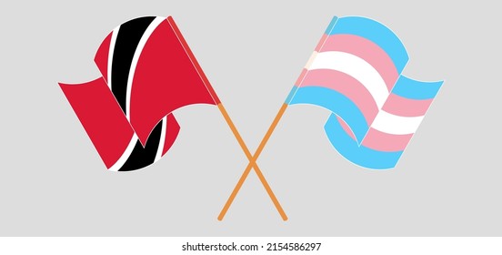 Crossed and waving flags of Trinidad and Tobago and Transgender Pride. Vector illustration
