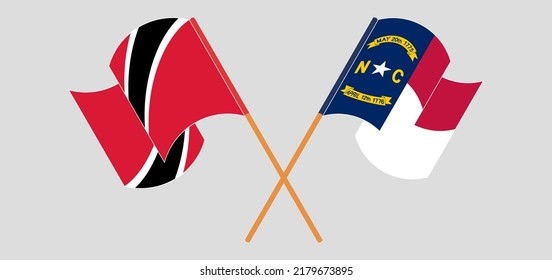 Crossed and waving flags of Trinidad and Tobago and The State of North Carolina. Vector illustration
