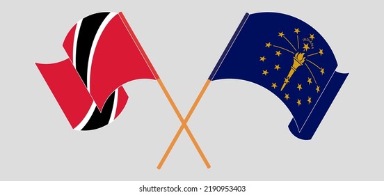 Crossed and waving flags of Trinidad and Tobago and the State of Indiana. Vector illustration
