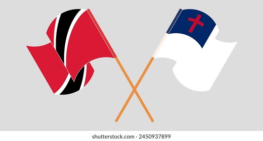 Crossed and waving flags of Trinidad and Tobago and christianity. Vector illustration
