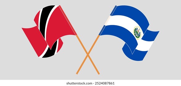 Crossed and waving flags of Trinidad and Tobago and Republic of El Salvador. Vector illustration.
