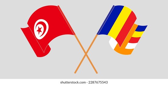 Crossed and waving flags of Tunisia and Buddhism. Vector illustration
