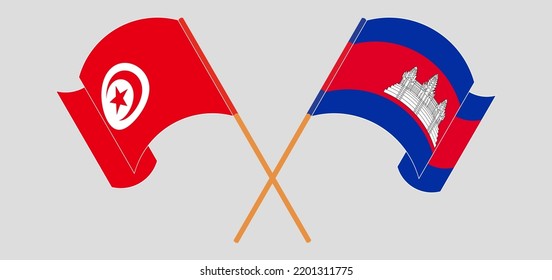 Crossed and waving flags of Tunisia and Cambodia. Vector illustration
