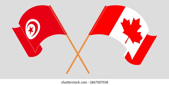 Banderas cruzadas y ondeando banderas de Túnez y Canadá
