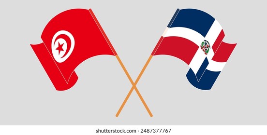 Crossed and waving flags of Tunisia and Dominican Republic. Vector illustration
