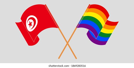 Crossed and waving flags of Tunisia and LGBTQ