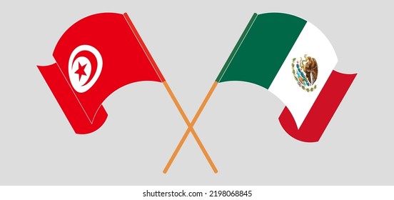 Crossed and waving flags of Tunisia and Mexico. Vector illustration
