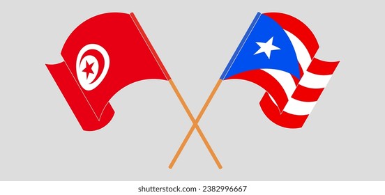 Crossed and waving flags of Tunisia and Puerto Rico. Vector illustration
