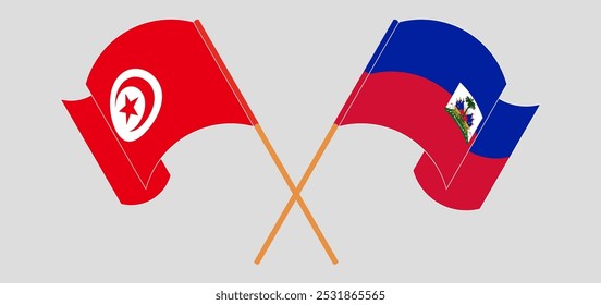 Banderas cruzadas y ondeando de Túnez y la República de Haití. Ilustración vectorial.
