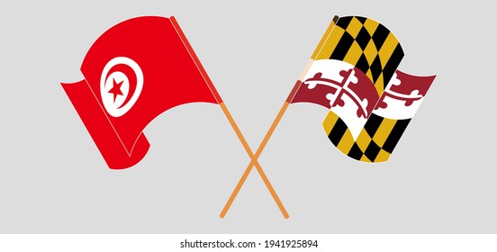 Crossed and waving flags of Tunisia and the State of Maryland