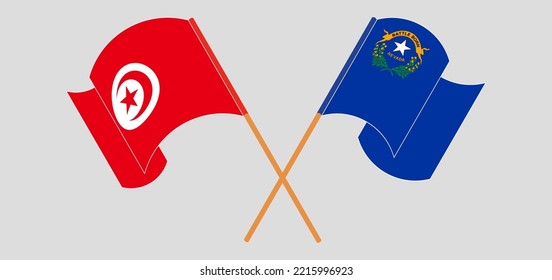 Crossed and waving flags of Tunisia and The State of Nevada. Vector illustration
