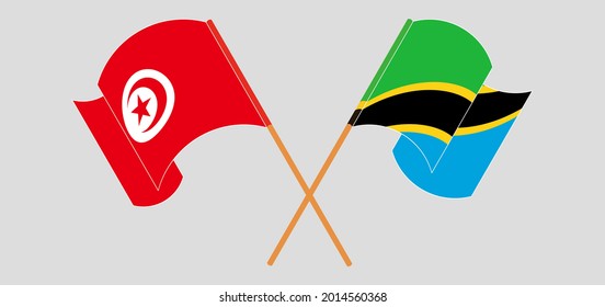 Crossed and waving flags of Tunisia and Tanzania
