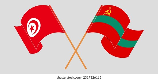 Crossed and waving flags of Tunisia and Transnistria. Vector illustration
