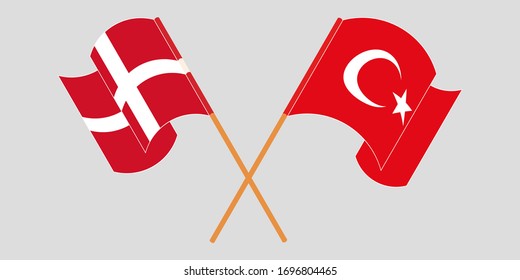 Crossed and waving flags of Turkey and Denmark