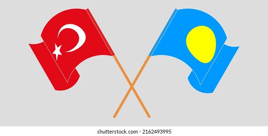 Crossed and waving flags of Turkey and Palau. Vector illustration

