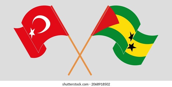 Crossed and waving flags of Turkey and Sao Tome and Principe. Official colors. Correct proportion