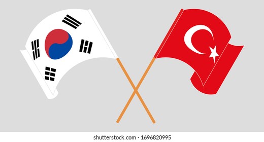 Crossed and waving flags of Turkey and South Korea