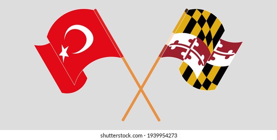 Crossed and waving flags of Turkey and the State of Maryland