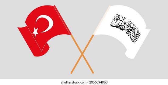 Crossed and waving flags of Turkey and Taliban
