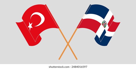 Crossed and waving flags of Turkiye and Dominican Republic. Vector illustration
