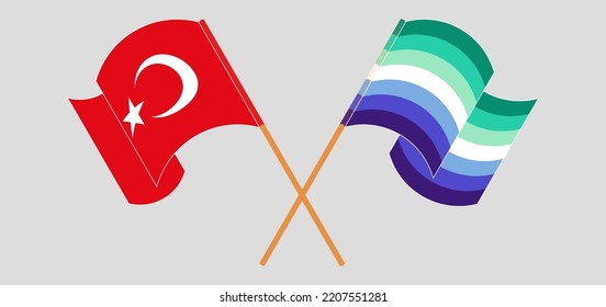 Crossed and waving flags of Turkiye and gay men pride. Vector illustration
