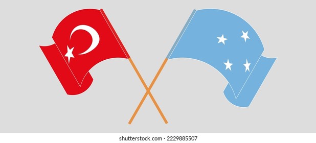 Crossed and waving flags of Turkiye and Micronesia. Vector illustration
