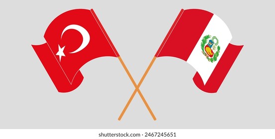 Crossed and waving flags of Turkiye and Peru. Vector illustration
