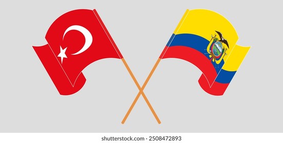 Crossed and waving flags of Turkiye and Republic of Ecuador. Vector illustration
