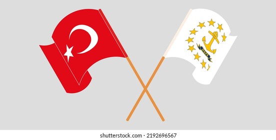Überquerte und wehende Flaggen von Turkiye und dem Staat Rhode Island. Vektorgrafik
